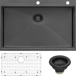 Ruvati Terraza 33" Drop-in Topmount Stainless Steel Kitchen Sink, Gunmetal Matte Black, 16 Gauge, RVH5005BL