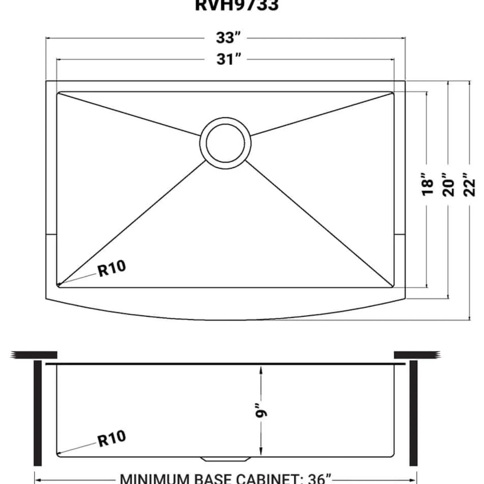Ruvati Terraza 33" Stainless Steel Apron-front Farmhouse Sink, Gunmetal Matte Black, 16 Gauge, RVH9733BL