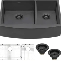 Ruvati Terraza 33" Stainless Steel Apron-front Farmhouse Sink, 60/40 Double Bowl, Gunmetal Matte Black, 16 Gauge, RVH9742BL