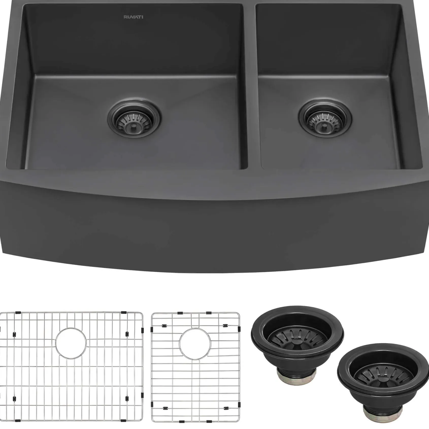 Ruvati Terraza 33" Stainless Steel Apron-front Farmhouse Sink, 60/40 Double Bowl, Gunmetal Matte Black, 16 Gauge, RVH9742BL