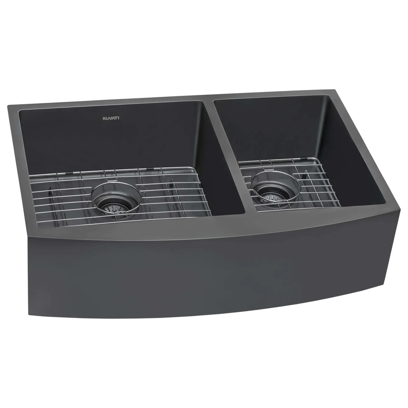 Ruvati Terraza 33" Stainless Steel Apron-front Farmhouse Sink, 60/40 Double Bowl, Gunmetal Matte Black, 16 Gauge, RVH9742BL