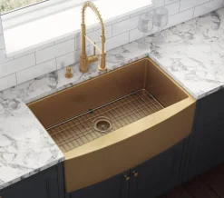 Ruvati Terraza 33" Stainless Steel Apron-front Farmhouse Sink, Brass Tone Matte Gold, 16 Gauge, RVH9733GG