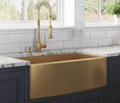 Ruvati Terraza 36" Stainless Steel Apron-front Farmhouse Sink, Brass Tone Matte Gold, 16 Gauge, RVH9880GG