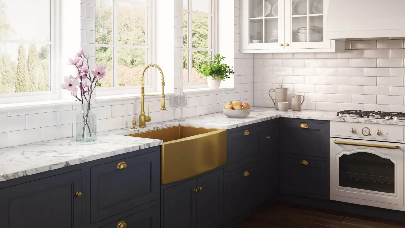 Ruvati Terraza 36" Stainless Steel Apron-front Farmhouse Sink, Brass Tone Matte Gold, 16 Gauge, RVH9880GG