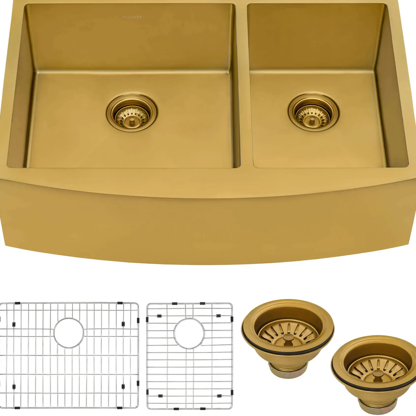 Ruvati Terraza 33" Stainless Steel Apron-front Farmhouse Sink, 60/40 Double Bowl, Brass Tone Matte Gold, 16 Gauge, RVH9742GG