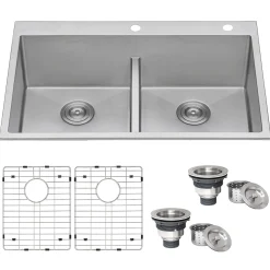 Ruvati Tirana Pro 33" Stainless Steel Kitchen Sink, 50/50 Double Bowl, 16 Gauge, Rounded Corners, RVH8051