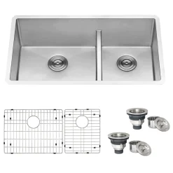 Ruvati Urbana 33" Undermount Stainless Steel Kitchen Sink, 60/40 Low Divide Double Bowl, 16 Gauge, Rounded Corners, RVH7419