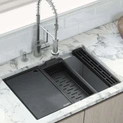 Ruvati Veniso Nova 27" Slope Bottom Offset Drain Undermount Stainless Steel Workstation Kitchen Sink, 16 Gauge, RVH8573
