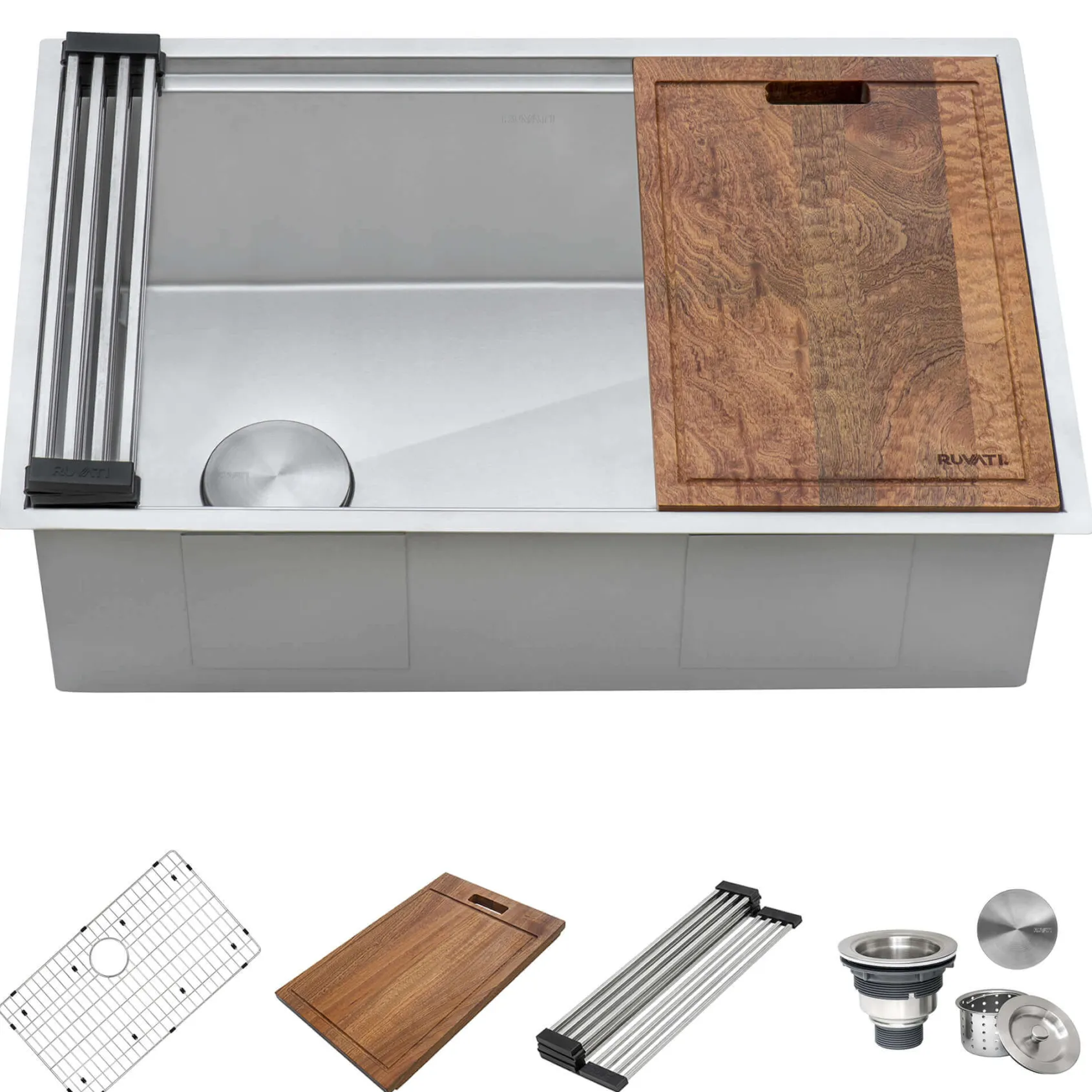 Ruvati Veniso 33" Slope Bottom Offset Drain Undermount Stainless Steel Workstation Kitchen Sink, 16 Gauge, RVH8591