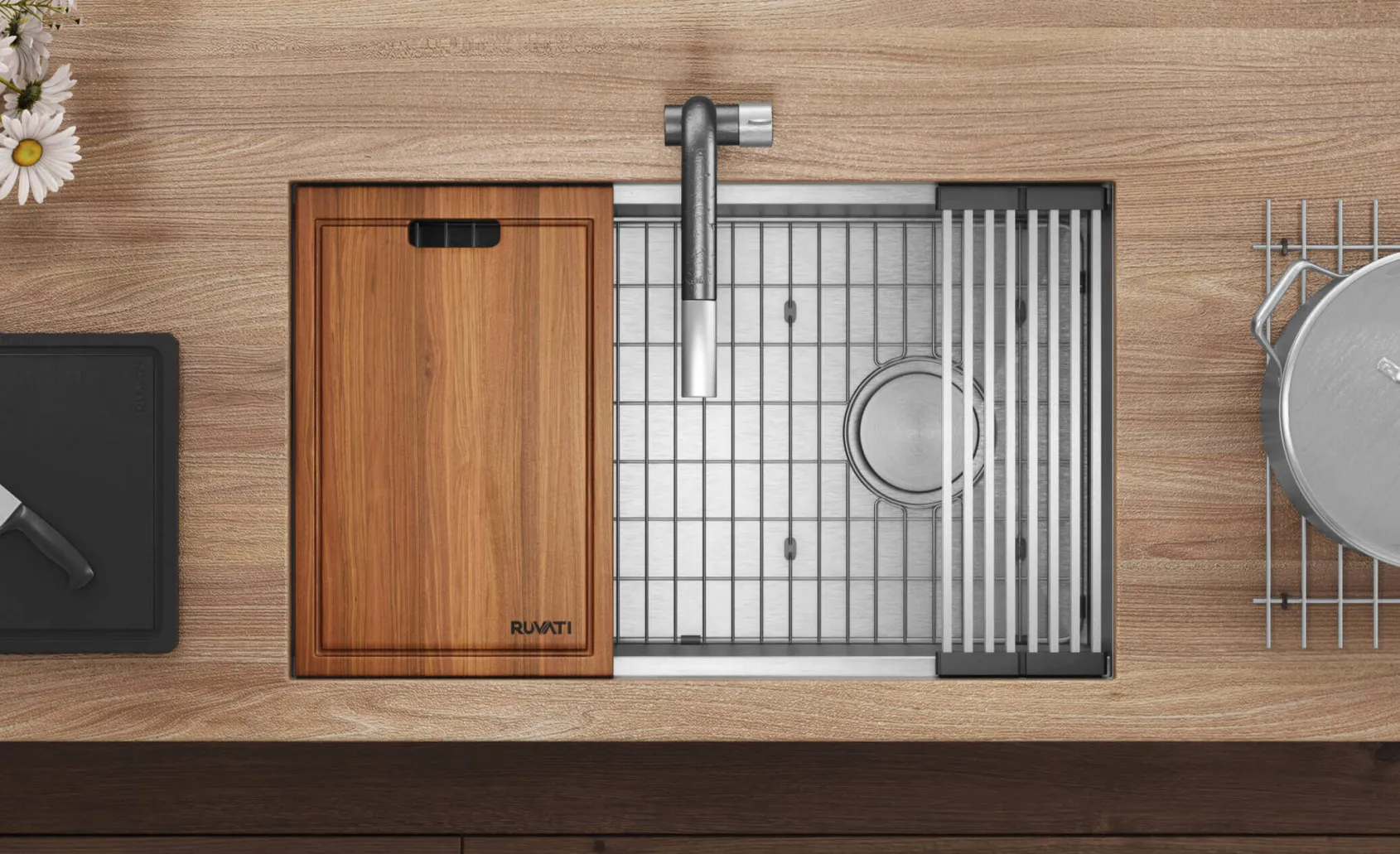 Ruvati Veniso 33" Slope Bottom Offset Drain Undermount Stainless Steel Workstation Kitchen Sink, 16 Gauge, RVH8591