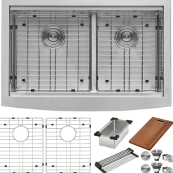 Ruvati Verona 33" Stainless Steel Workstation Apron-front Farmhouse Sink, 60/40 Low Divide Double Bowl, 16 Gauge, RVH9201