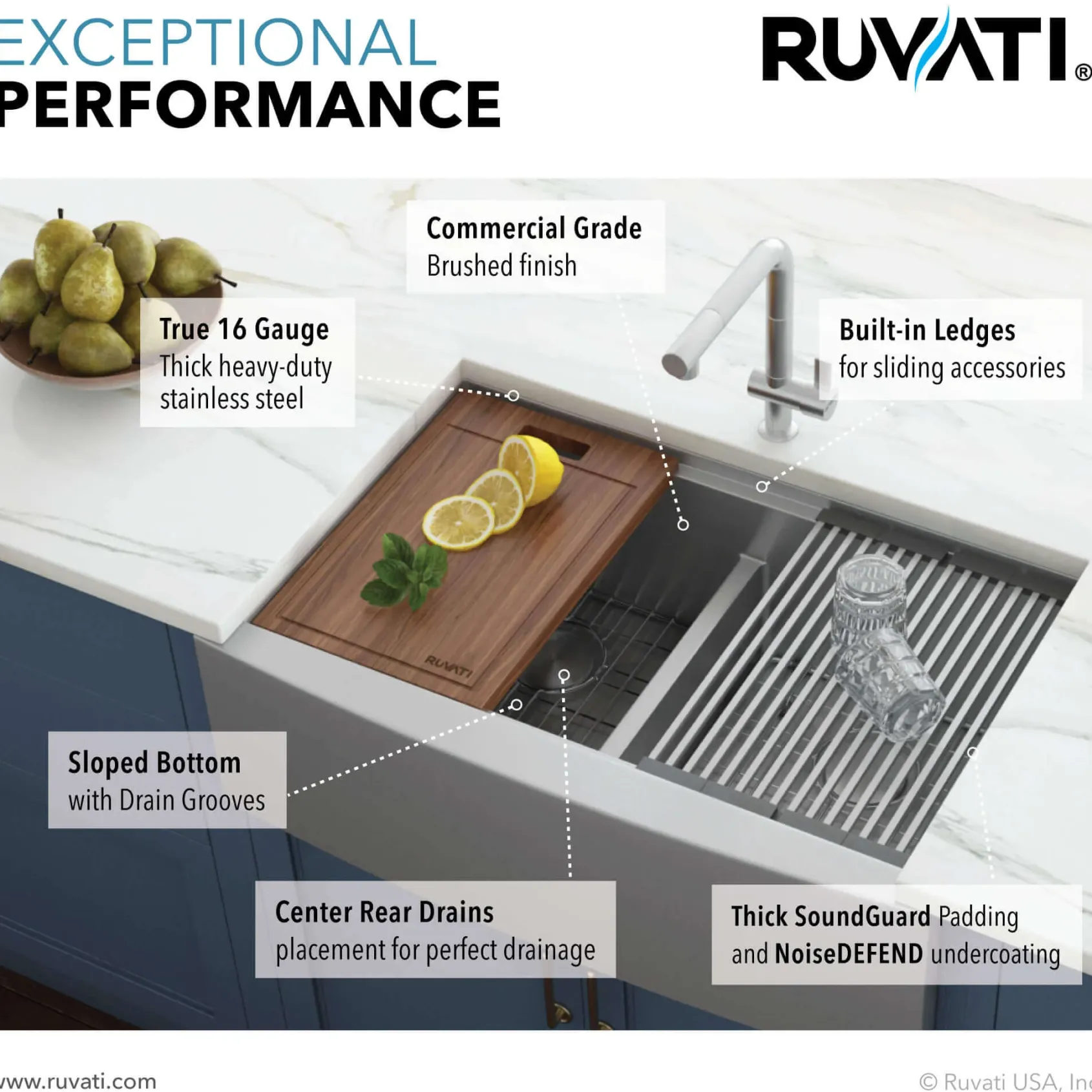 Ruvati Verona 33" Stainless Steel Workstation Apron-front Farmhouse Sink, 60/40 Low Divide Double Bowl, 16 Gauge, RVH9201