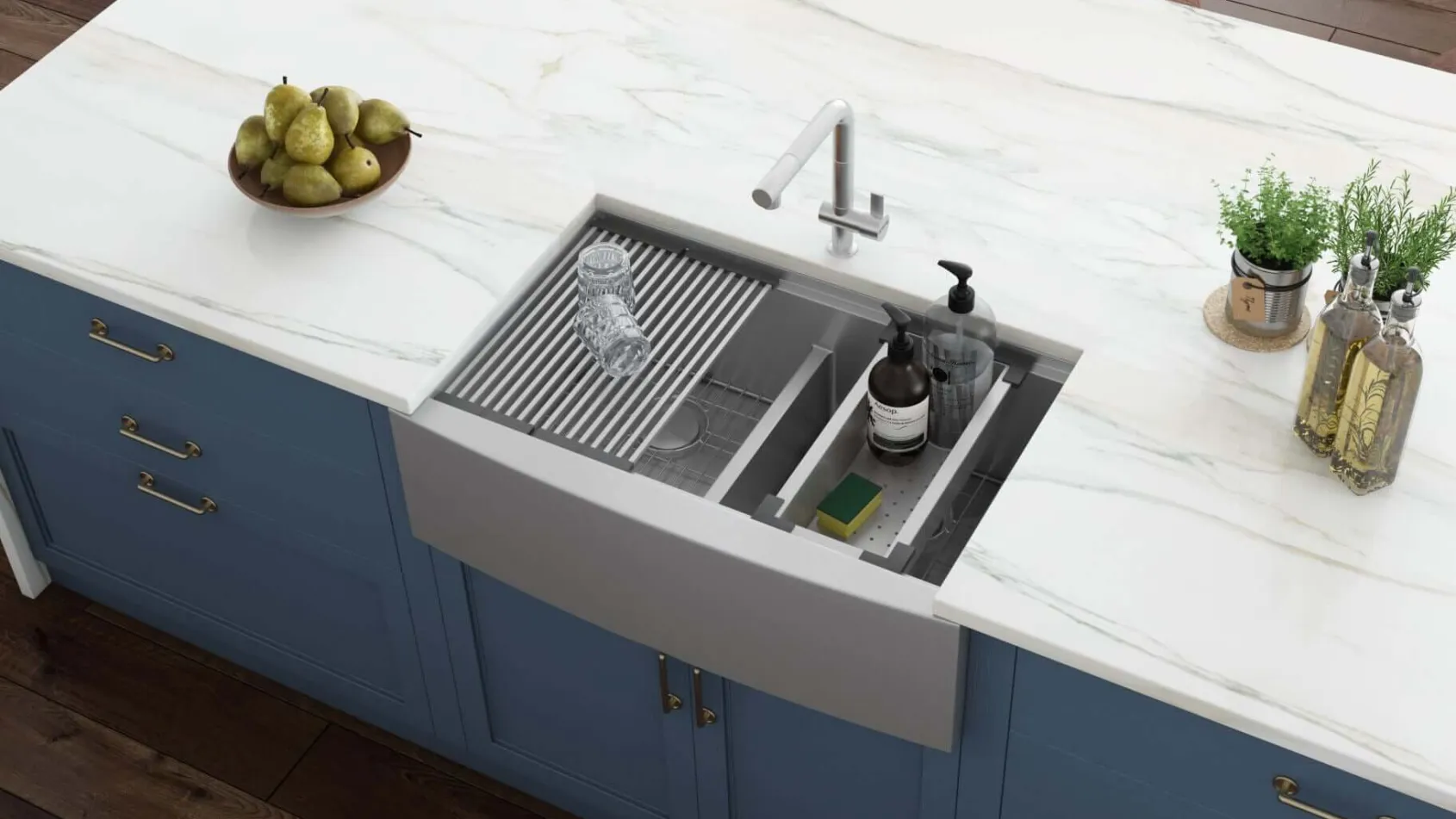 Ruvati Verona 33" Stainless Steel Workstation Apron-front Farmhouse Sink, 60/40 Low Divide Double Bowl, 16 Gauge, RVH9201