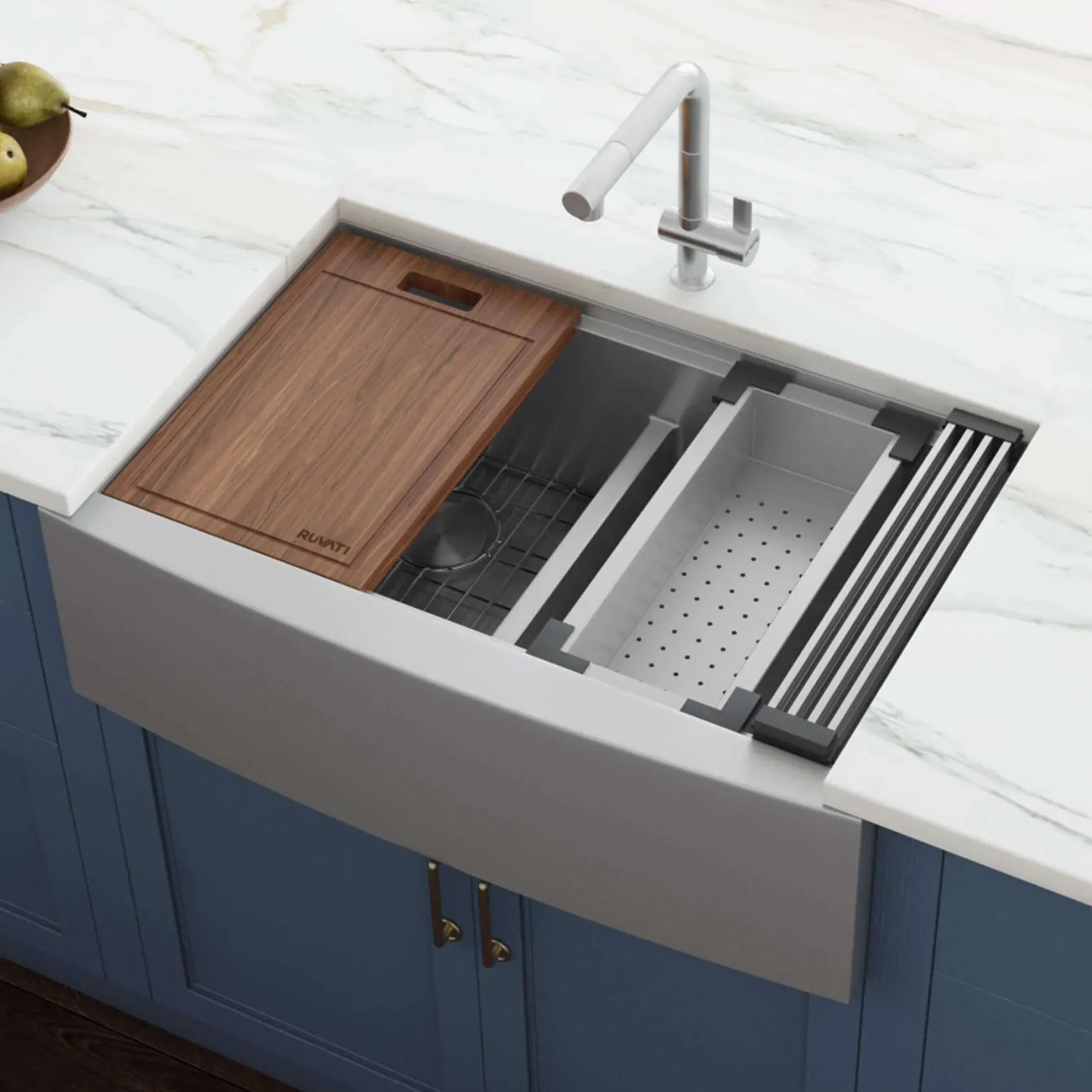 Ruvati Verona 36" Stainless Steel Workstation Apron-front Farmhouse Sink, 50/50 Low Divide Double Bowl, 16 Gauge, RVH9301