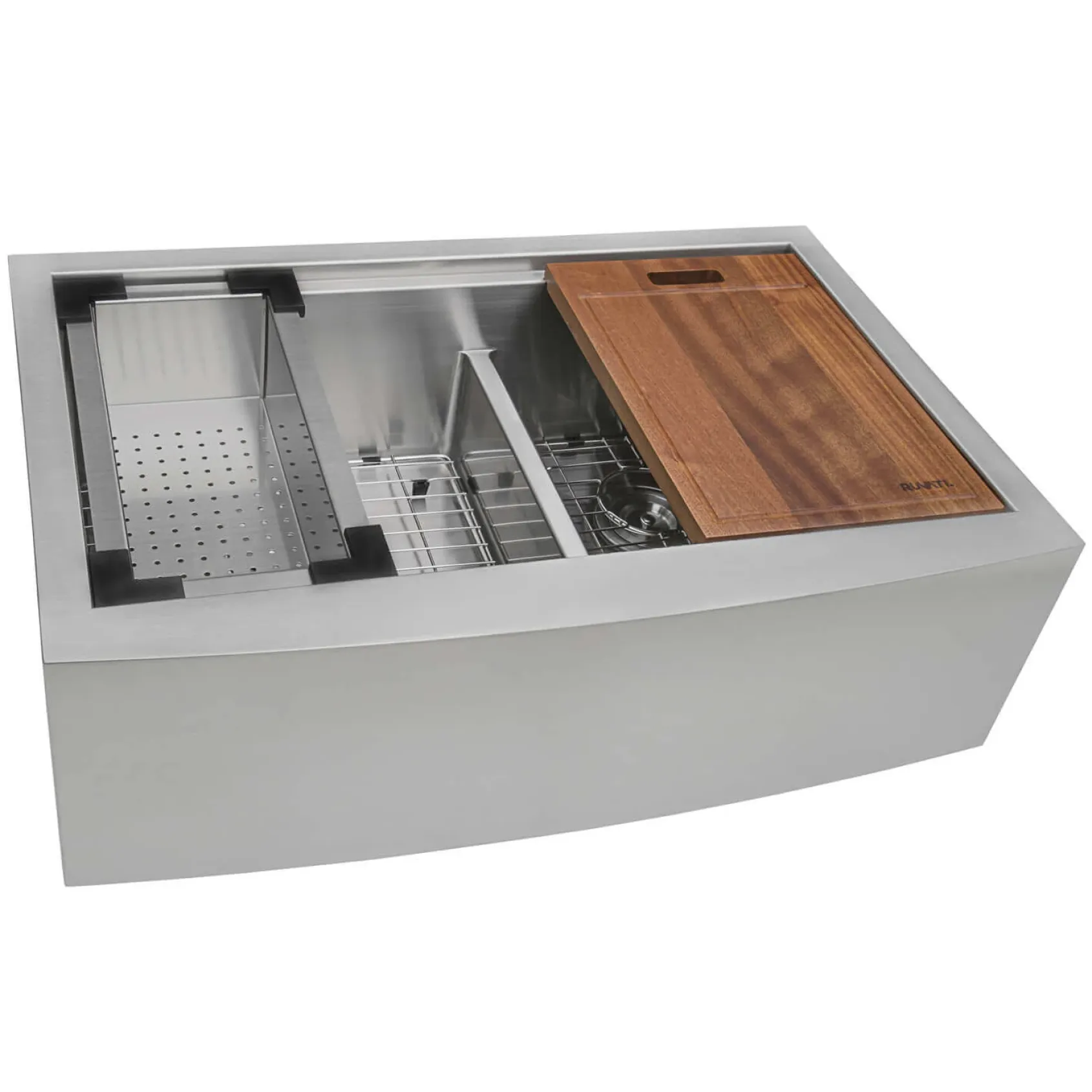 Ruvati Verona 36" Stainless Steel Workstation Apron-front Farmhouse Sink, 50/50 Low Divide Double Bowl, 16 Gauge, RVH9301