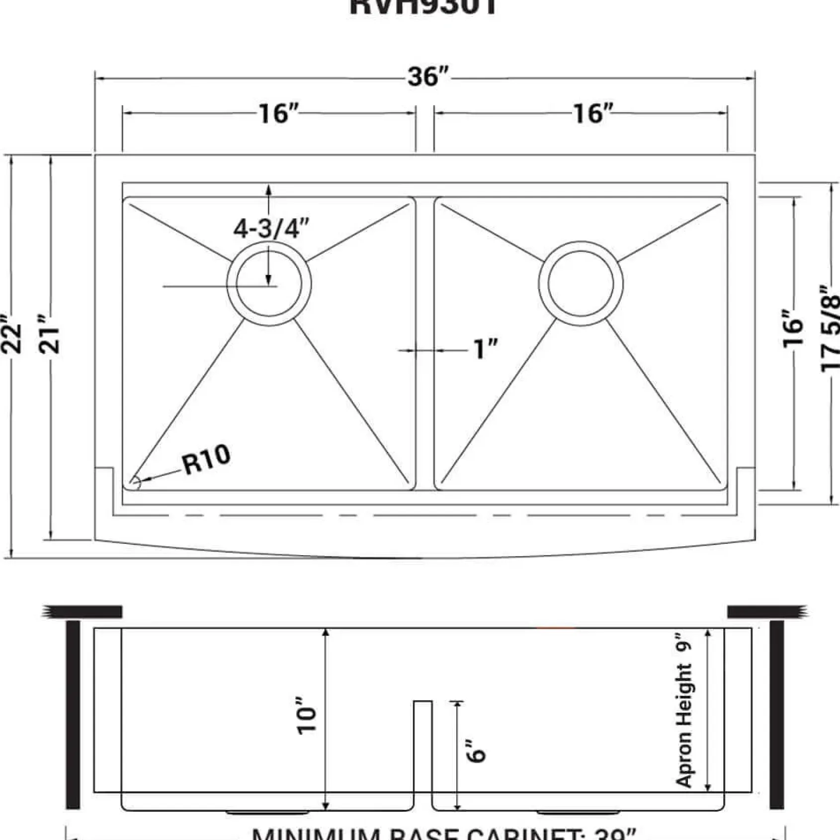 Ruvati Verona 36" Stainless Steel Workstation Apron-front Farmhouse Sink, 50/50 Low Divide Double Bowl, 16 Gauge, RVH9301