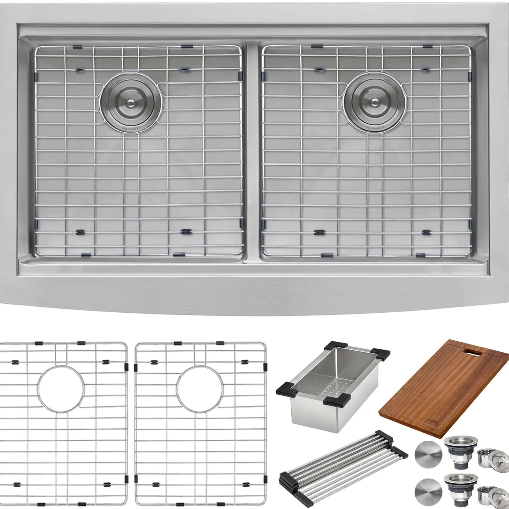 Ruvati Verona 36" Stainless Steel Workstation Apron-front Farmhouse Sink, 50/50 Low Divide Double Bowl, 16 Gauge, RVH9301