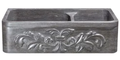 36" Smoke Brown Limestone Farmhouse Kitchen Sink, Floral Carving Front, 60/40 Double Bowl, KF362010DB-F2-6040-BLN
