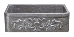 33" Smoke Brown Limestone Farmhouse Kitchen Sink, Floral Carving Front, Single Bowl, KF332010SB-F2-BLN