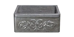 24" Smoke Brown Limestone Farmhouse Kitchen Sink, Floral Carving Front, KF242010-F2-BLN