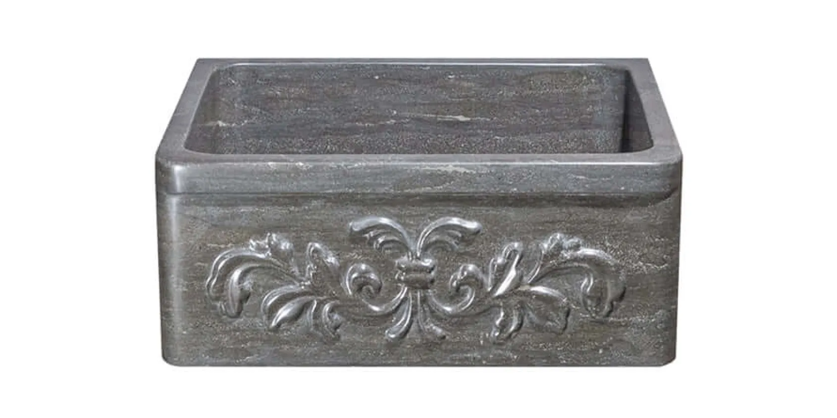 24" Smoke Brown Limestone Farmhouse Kitchen Sink, Floral Carving Front, KF242010-F2-BLN