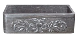 36" Smoke Brown Limestone Farmhouse Kitchen Sink, Floral Carving Front, Single Bowl, KF362010SB-F2-BLN