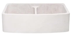 36" Stone 50/50 Double Bowl Farmhouse Kitchen Sink, Curved Reversible Apron Front, Crema Lyon Limestone, Beige, KFCF362210DB-NLP-5050-CL