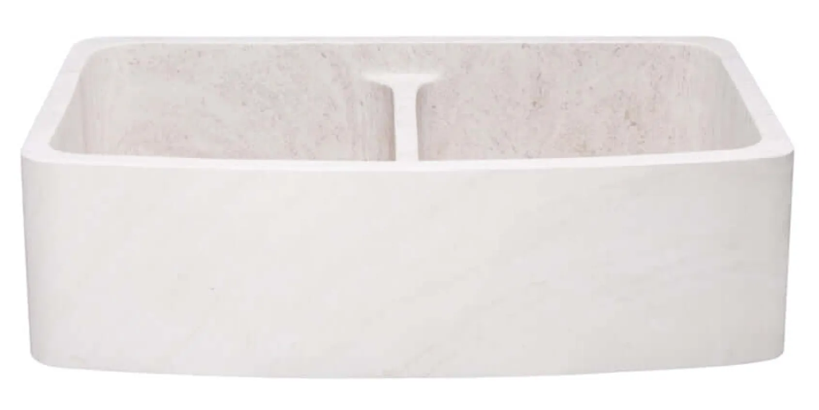 36" Stone 50/50 Double Bowl Farmhouse Kitchen Sink, Curved Reversible Apron Front, Crema Lyon Limestone, Beige, KFCF362210DB-NLP-5050-CL