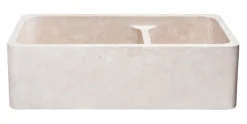 36" Stone 60/40 Double Bowl Farmhouse Kitchen Sink, Smooth Reversible Apron Front, Roma Travertine, Beige, KF362010DB-NLP-6040-RT