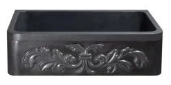 36" Stone Farmhouse Kitchen Sink, Floral Carving Apron Front, Black Granite, Black, KF362010SB-F2-BK