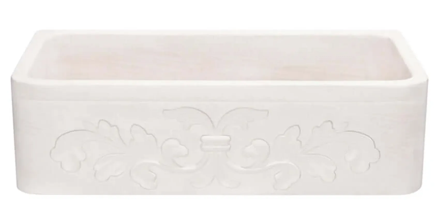 36" Stone Farmhouse Kitchen Sink, Smooth Reversible Floral Carving Apron Front, Crema Lyon Limestone, Beige, KF362010SB-F2-CL