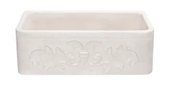30" Stone Farmhouse Kitchen Sink, Smooth Reversible Floral Carving Apron Front, Crema Lyon Limestone, Beige, KF302010SB-F2-CL