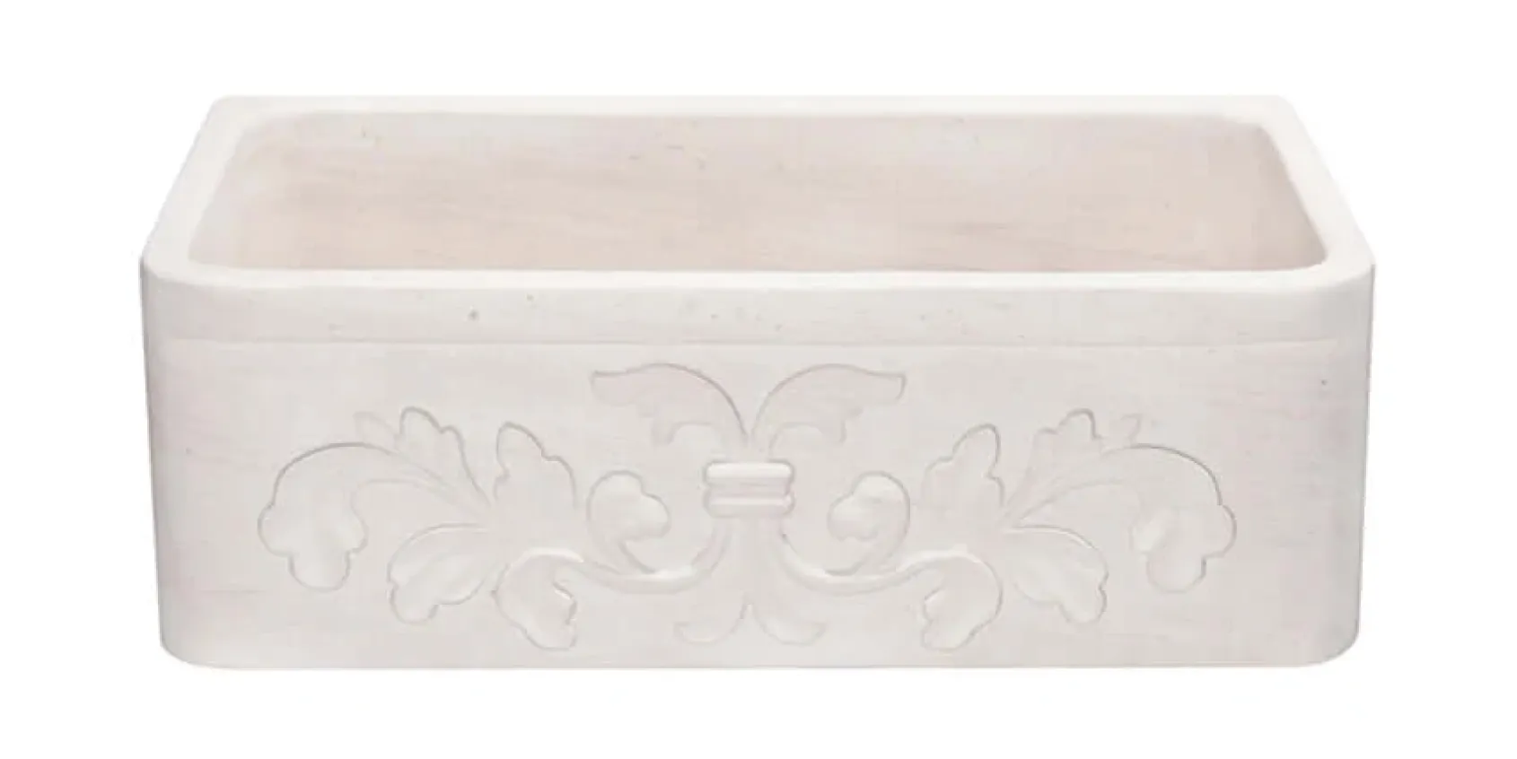 30" Stone Farmhouse Kitchen Sink, Smooth Reversible Floral Carving Apron Front, Crema Lyon Limestone, Beige, KF302010SB-F2-CL