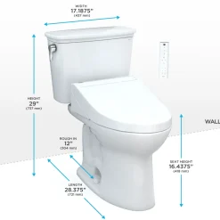 TOTO Drake Transitional WASHLET+ Two-Piece Elongated 1.28 GPF TORNADO FLUSH Toilet with C5 Bidet Seat, Cotton White, Vitreous China, MW7863084CEG#01