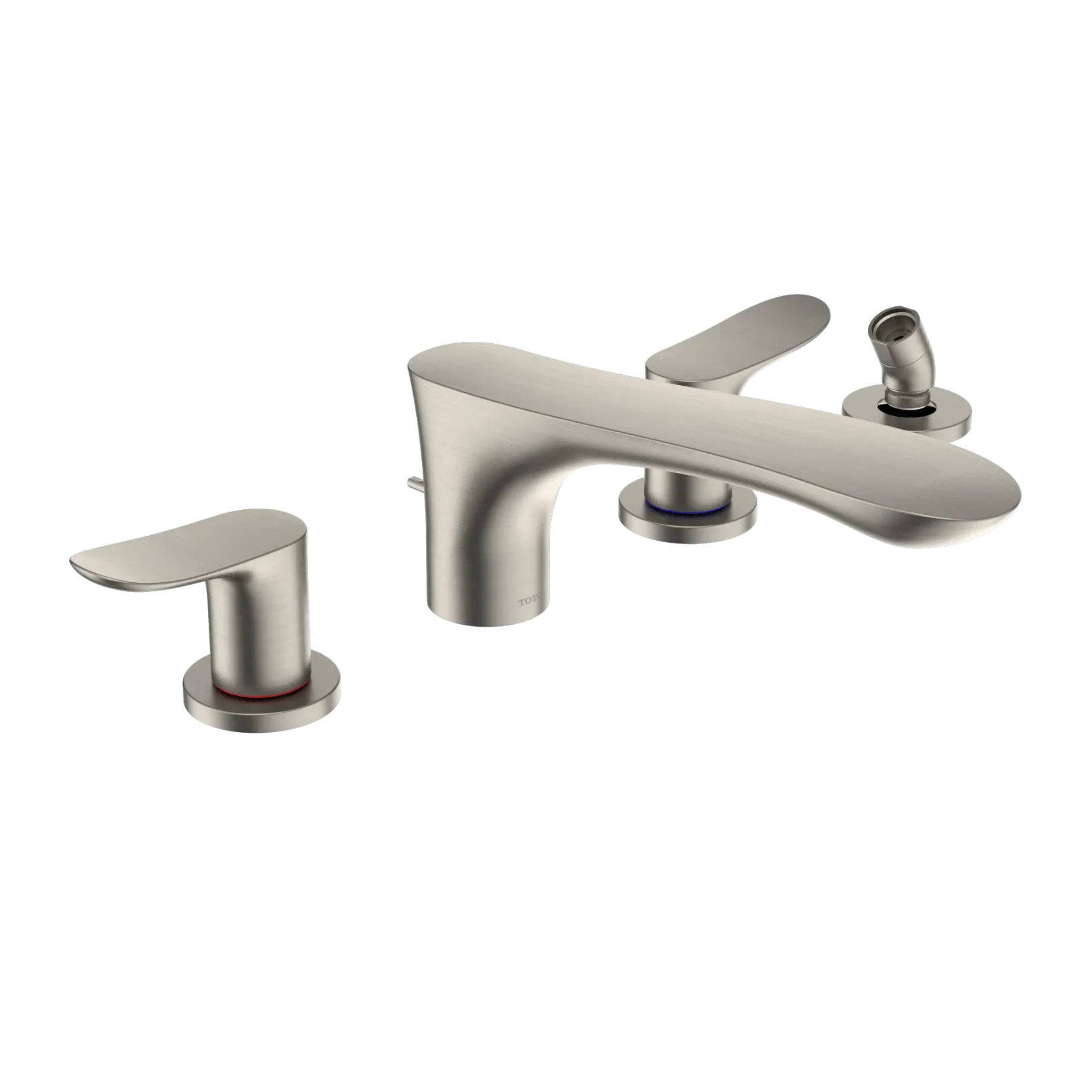 TOTO GO Two-Handle Deck-Mount Roman Tub Filler Trim with Handshower, Brushed Nickel, Brass, TBG01202U#BN