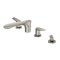 TOTO GO Two-Handle Deck-Mount Roman Tub Filler Trim with Handshower, Brushed Nickel, Brass, TBG01202U#BN