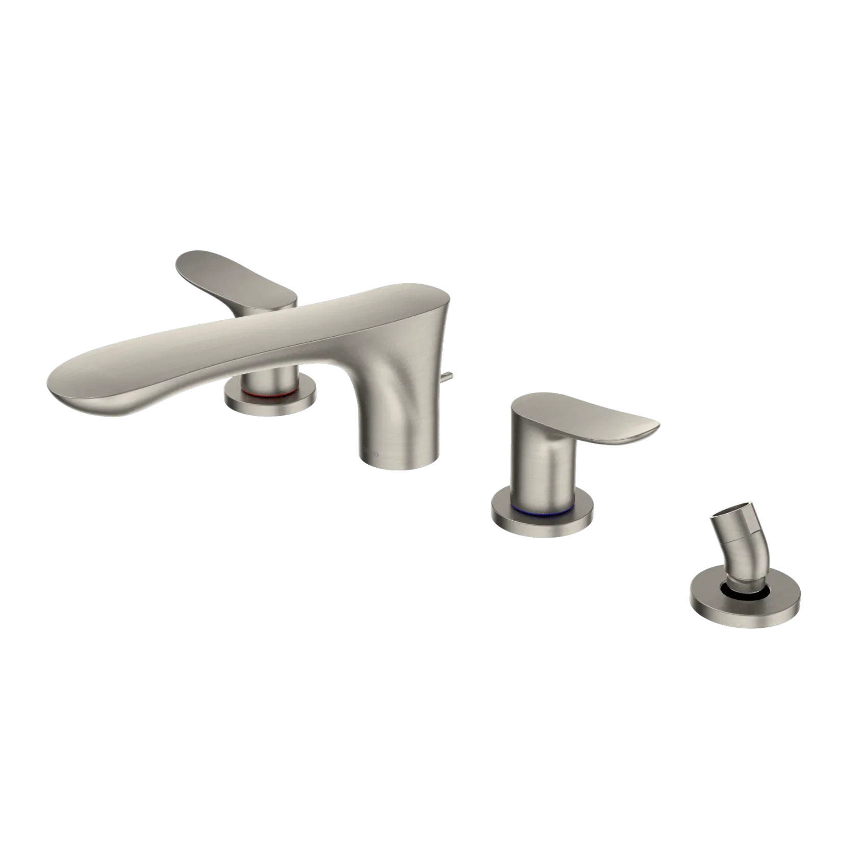 TOTO GO Two-Handle Deck-Mount Roman Tub Filler Trim with Handshower, Brushed Nickel, Brass, TBG01202U#BN