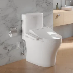 TOTO WASHLET+ Aquia IV Cube Two-Piece Elongated Dual Flush 1.28 and 0.9 GPF Toilet with C2 Bidet Seat, Cotton White, Vitreous China|Plastic, MW4363074CEMFGN#01