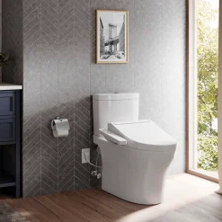 TOTO WASHLET+ Aquia IV Two-Piece Elongated Universal Height Dual Flush 1.28 and 0.9 GPF Toilet and WASHLET C2 Bidet Seat, Cotton White, Vitreous China|Plastic, MW4463074CEMFGN#01