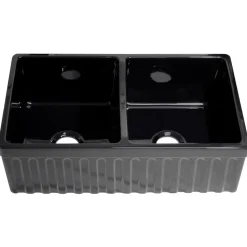 Whitehaus 33'' Fireclay Double Bowl Farmhouse Apron Sink, Black, WHQDB332