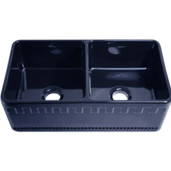 Whitehaus 33" Fireclay Double Bowl Farmhouse Apron Sink, Reversible, Blue, WHFLATN3318