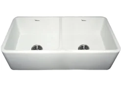 Whitehaus 36" Fireclay Double Bowl Farmhouse Apron Sink, White, WH3719