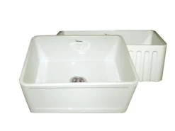 Whitehaus 24" Fireclay Single Bowl Farmhouse Apron Sink, Reversible, Biscuit, WHFLCON2418